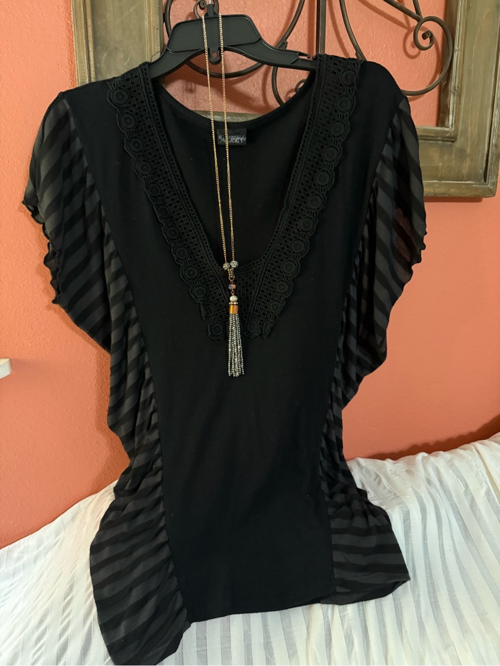 Daytrip Black V-Neck Flutter Sleeve/Lace Trim Top w/Vintage Joan Rivers necklace